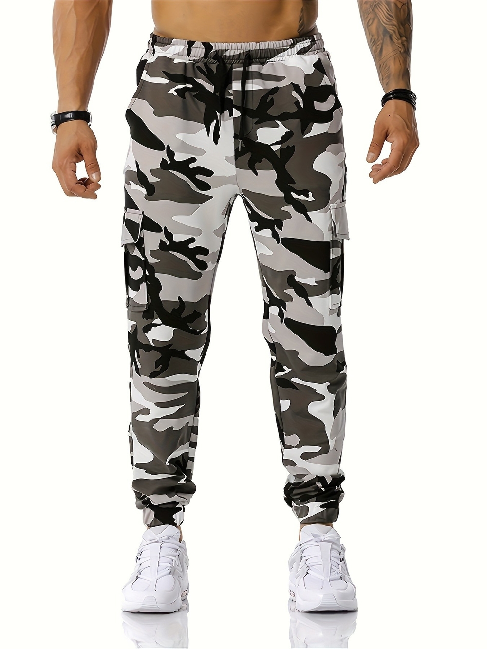 Men's White & Gray Camo Cargo Jogger Pants